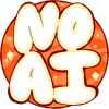 Orange and yellow sticker saying 'NO AI' in bubbly letters.
